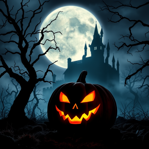 A spooky Halloween scene featuring a carved pumpkin with a menacing expression glowing from within surrounded by dark twisted trees a large full moon in the background and a silhouette of an eerie castle in the distance with a misty atmosphere and deep shadows creating a haunting vibe