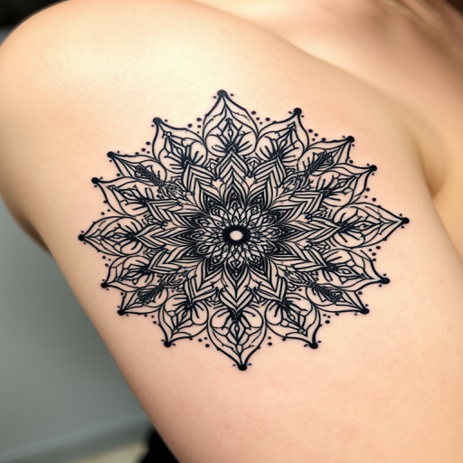 Dotwork mandala tattoo with intricate floral patterns and sacred geometry elements, gradually fading from solid black to delicate stippling for a mesmerizing optical illusion effect