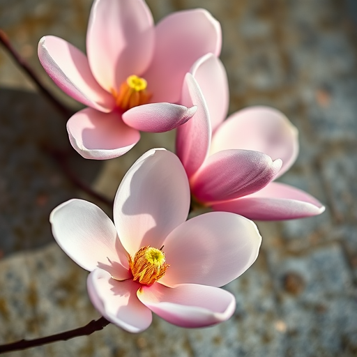close-up of magnolia flowers on a textured background, natural light, 50mm lens, f/2.8 aperture, ISO 100, shallow depth of field, digital DSLR camera