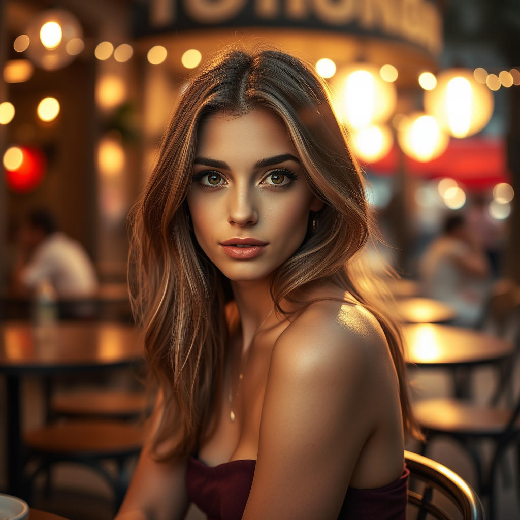 photo of young [woman:Ana de Armas:0.4], highlight hair, sitting outside restaurant, wearing dress, rim lighting, studio lighting, looking at the camera, dslr, ultra quality, sharp focus, tack sharp, dof, film grain, Fujifilm XT3, crystal clear, 8K UHD, highly detailed glossy eyes, high detailed skin, skin pores