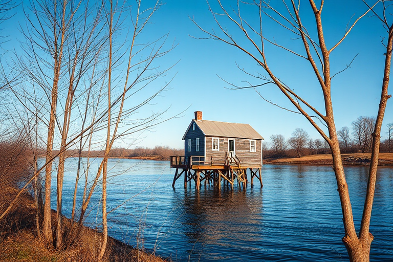 Capture a serene scene of a tilted house on stilts by a calm river, surrounded by bare trees in the foreground and a clear blue sky, using a Canon EOS R5, ISO 100, f/11, 1/200s, wide-angle lens at 24mm, with a vibrant color palette and enhanced contrast for clarity.
