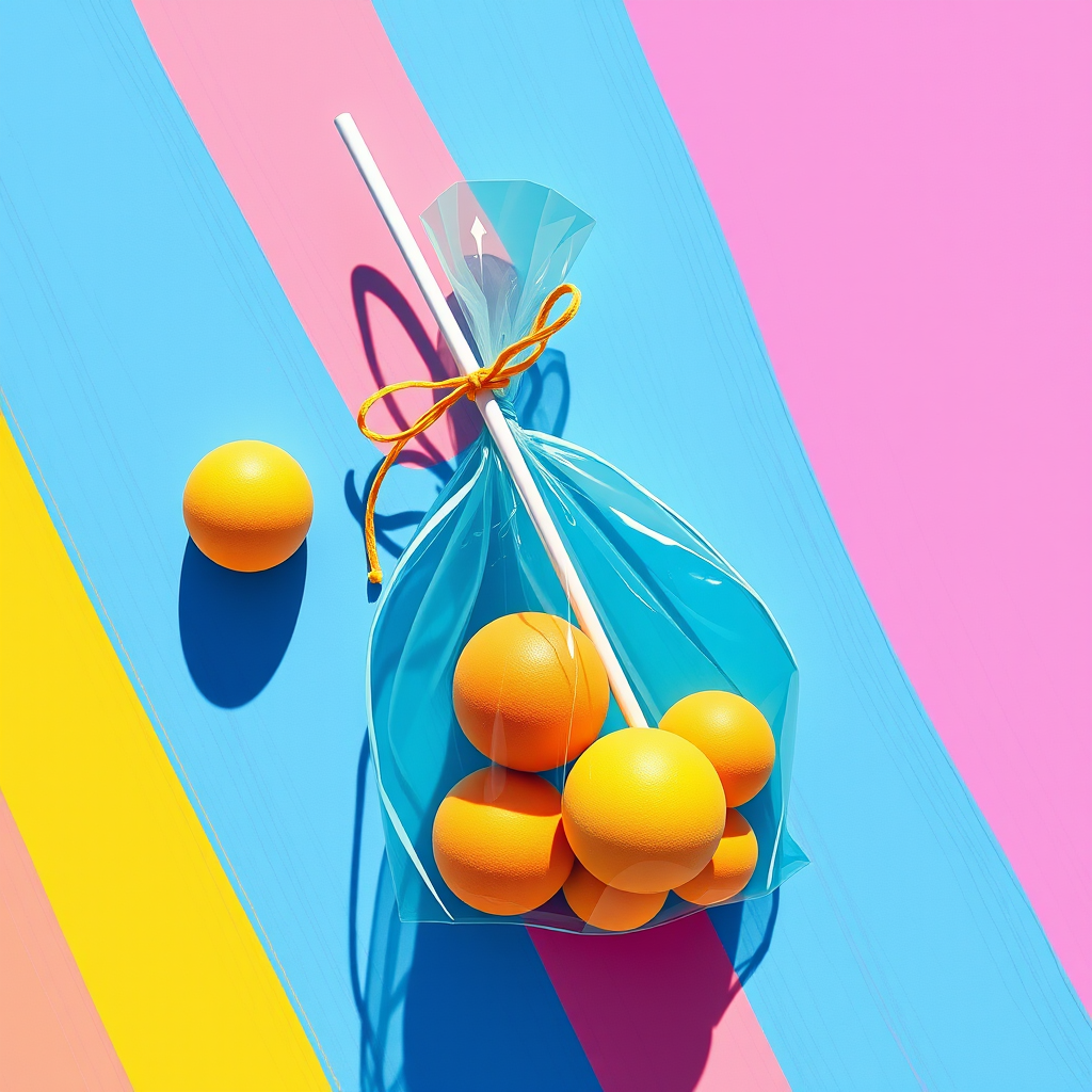 Create a vibrant illustration of a bag tied with a white chopstick, filled with round balls, using a DSLR camera with a focal length of 50mm, aperture set to f/2.8, ISO 100, in a bright natural light setting, shot from a top-down perspective.