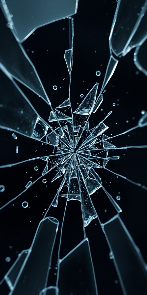 Create a high-resolution image of a shattered glass effect with an emphasis on sharp contrasts and dramatic fragments using a DSLR camera at f/8 aperture, ISO 100, 50mm lens, shot from a slightly elevated angle with a macro view for enhanced detail.