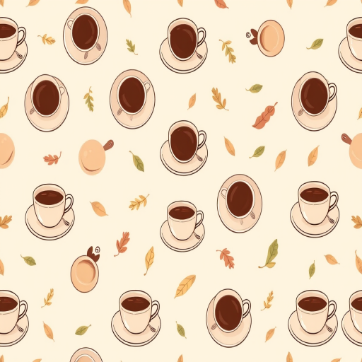create a seamless pattern design featuring various sizes of coffee cups with saucers and scattered leaves in a warm, muted color palette, use a flat lay view, digital illustration style, camera type: digital, aperture: f/4, shutter speed: 1/125s, ISO: 100, resolution: 300dpi