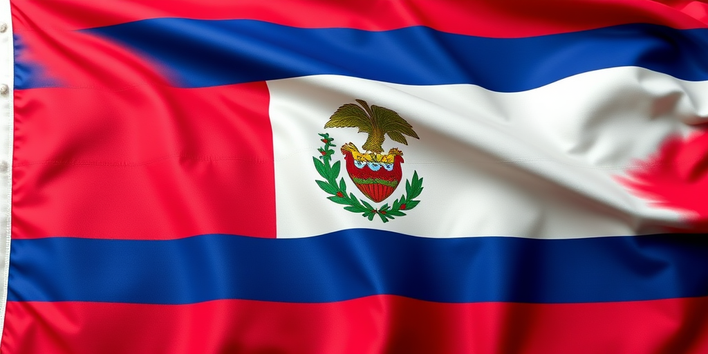 Create an image of a flag with a vibrant red, white, and blue design representing Costa Rica, using a high-resolution digital camera at f/2.8 aperture, ISO 100, 50mm lens, and a studio lighting setup for enhanced colors and clarity.