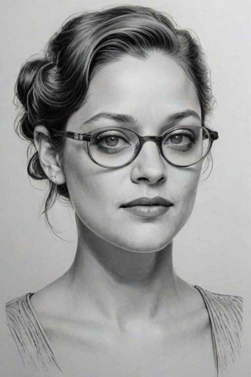 Exquisite Marion Cotillard, pencil sketch, portrait of Splendid woman 1955s in glasses, hair style beatnik, outline, clear lines, fine lines, 8k