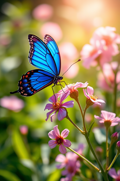 Create an image of a vibrant blue butterfly perched on delicate pink flowers in a lush garden setting, with soft sunlight illuminating the scene and a blurred background to enhance the focus on the butterfly and flowers.