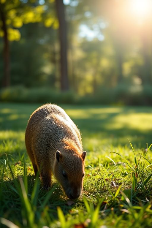 capybara grazing on green grass in natural sunlight, shallow depth of field, 85mm lens, f/1.8 aperture, ISO 200, sunlight filtering through trees, high-resolution digital photography, landscape orientation