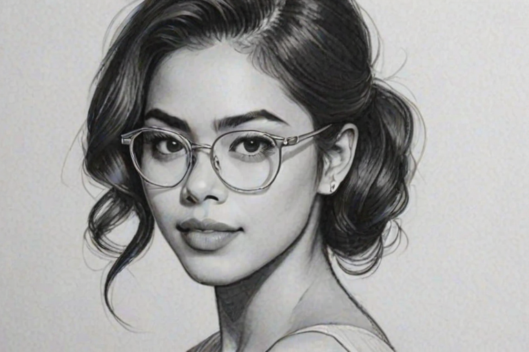Enchanting Ashley Argota, pencil sketch, portrait of Beauteous woman 1947s in glasses, hair style beatnik, outline, clear lines, fine lines, 8k