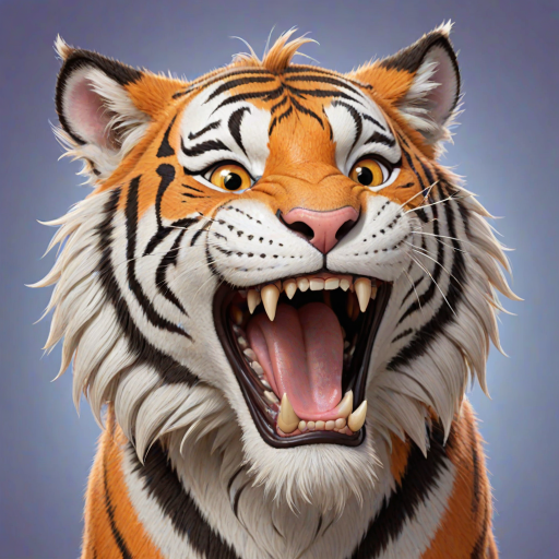 Disney style, cartoon illustration of an orange and white tiger with messy hair smiling very wide open mouth showing, in the Disney Pixar animation style, in the style of Don Bluth, full teeth body, with a very detailed face, very detailed eyes, very detailed fur, full color, very colorful, with a very colorful background, soft pastel colors, high resolution, high quality, high detail, hyper realistic