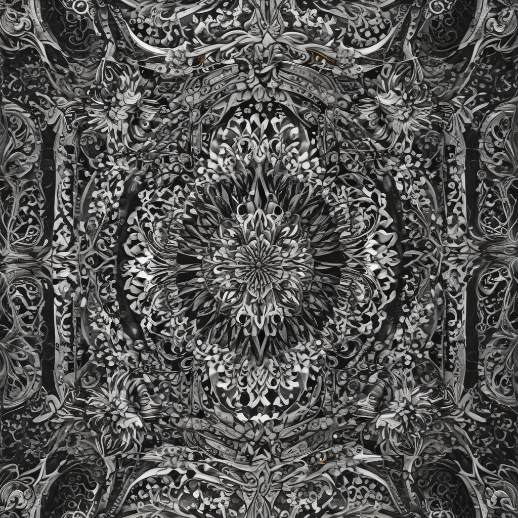 Intricate Black and White Floral Pattern with Detailed Swirls and Designs