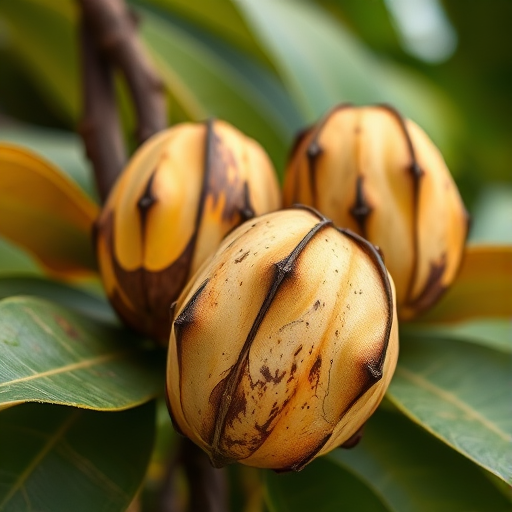 Cocoa pods with leaves, macro view, soft natural lighting, 50mm lens, f/2.8, ISO 100, landscape orientation, digital camera, high-resolution.