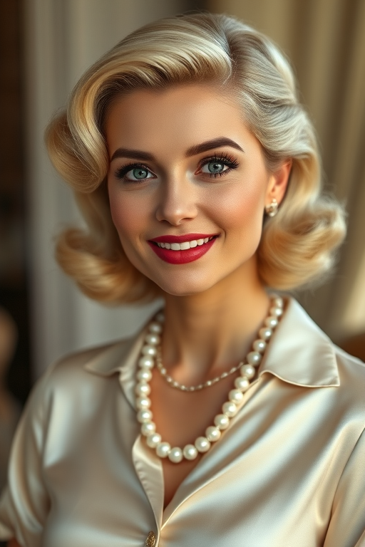 A beautiful Georgian woman reminiscent of 1950s Hollywood glamour, with perfectly styled blonde hair and a seductive smile, dressed in a satin blouse and adorned with pearls, soft and warm tones, photorealistic, 8K