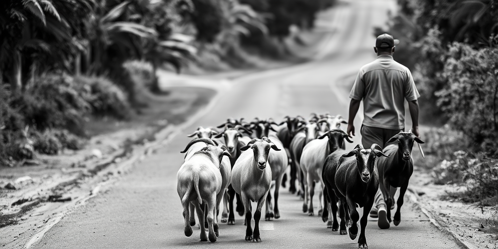 Create a high-contrast black and white image of a man herding goats along a rural road, with soft focus on the background, using a DSLR camera, 50mm lens, f/2.8 aperture, ISO 200, shutter speed 1/500 sec, capturing the moment from a low-angle perspective to emphasize the herd.