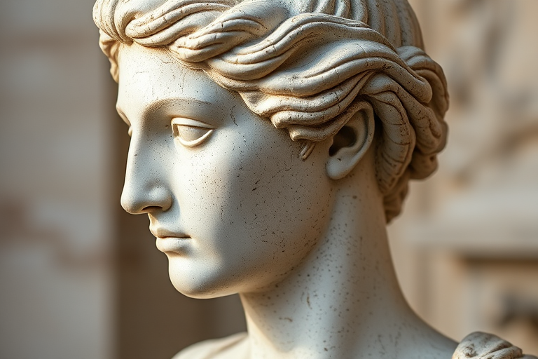 Create a high-resolution image of a classical bust sculpture in profile view, use a DSLR camera with a 50mm lens, aperture set to f/1.8 for a shallow depth of field, ISO 100 for crisp detail, and soft natural lighting to highlight the textures of the stone.