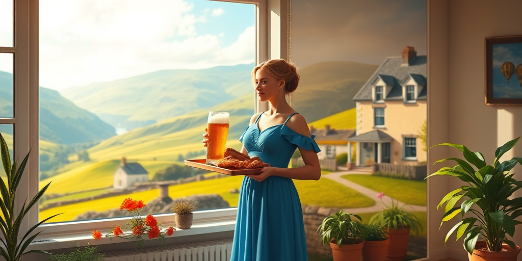 In "A Glass of Beer on the Highland," a serene scene is depicted in a sunlit room where a woman in a vibrant blue dress stands by a large window. She holds a tray with a hearty meal and a frothy glass of beer, embodying a moment of relaxation. Outside, the breathtaking highland landscape features rolling green hills and a charming traditional house, all bathed in warm afternoon light. The interior is adorned with potted plants, creating a harmonious blend of comfort and nature. The painting beautifully captures the tranquility and joy found in simple pleasures amidst stunning scenery
