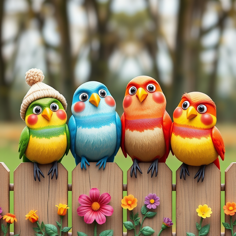 create a scene of 4 quirky  whimsical colourful comical birds each with a funny expression. they are sat on a wooden fence with colourful flowers. they are all different sizes. each one is a different colour  one is wearing a woolly hat. Each one has a different quirky google expression and there is a muted background of trees watercolour paintierly style high definition 8k resolution 3D paper mache