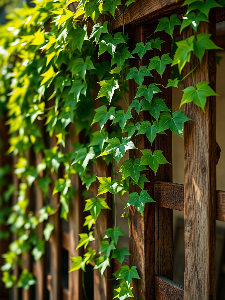 Create a high-resolution image of lush green ivy leaves climbing a rustic wooden trellis, captured with a Canon EOS 5D Mark IV, 50mm f/1.8 lens, aperture set to f/2.8, using natural soft sunlight for enhanced detail and vibrancy, with a shallow depth of field focusing on the leaves, in a macro perspective.