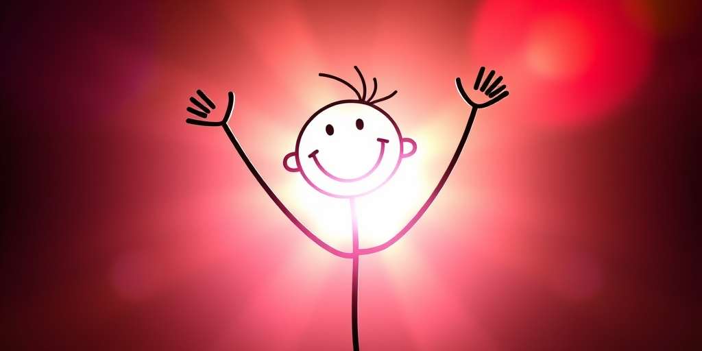 Generate a colorful cartoon character of a stick figure with a smiling face, arms raised in joy, set against a bright background, captured with a DSLR camera at f/4, 1/200s shutter speed, ISO 100, 50mm lens, focusing on vibrant colors and sharp details.