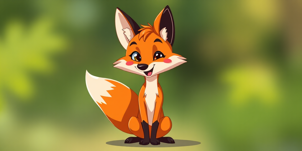 Create a vibrant illustration of a cartoon fox with a sleek, playful pose, using a DSLR camera with a 50mm lens, f/2.8 aperture, ISO 100, natural lighting, and a slight blur to emphasize the fox in a whimsical style.
