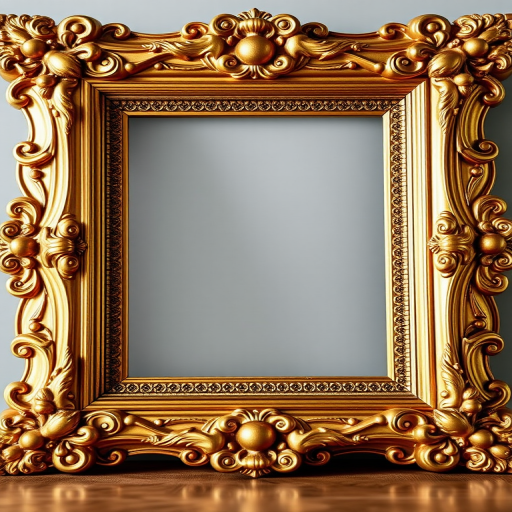 Create a highly detailed golden ornate picture frame with intricate patterns, using a DSLR camera with a 50mm lens, aperture set to f/1.8, ISO 100, and a shallow depth of field, shot from eye level to enhance clarity and focus on the frame details.