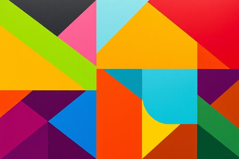 Create a vibrant and colorful abstract geometric design featuring bold shapes and contrasting colors with a high-resolution digital camera at 50mm focal length, f/1.8 aperture, ISO 100, in a flat lay view for enhanced clarity and detail.