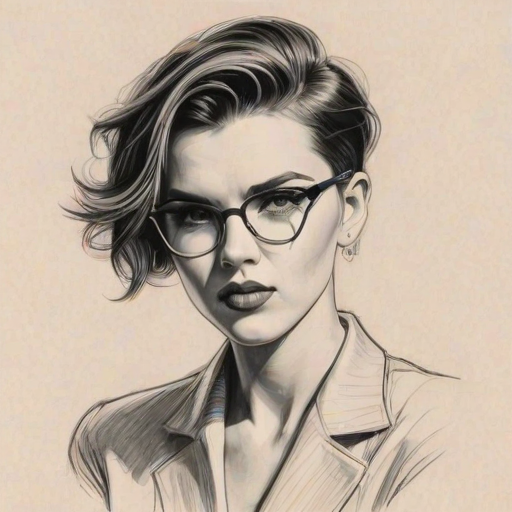 Stunning Ruby Rose, pencil sketch, portrait of Delightful woman 1941s in glasses, hair style beatnik, outline, clear lines, fine lines, 8k