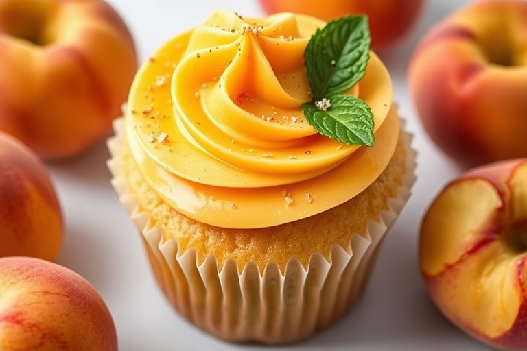 A close-up of a delicious cupcake with a peach and cream filling, topped with swirls of yellow and orange frosting, garnished with edible glitter and mint leaves, surrounded by fresh peaches on a white surface.