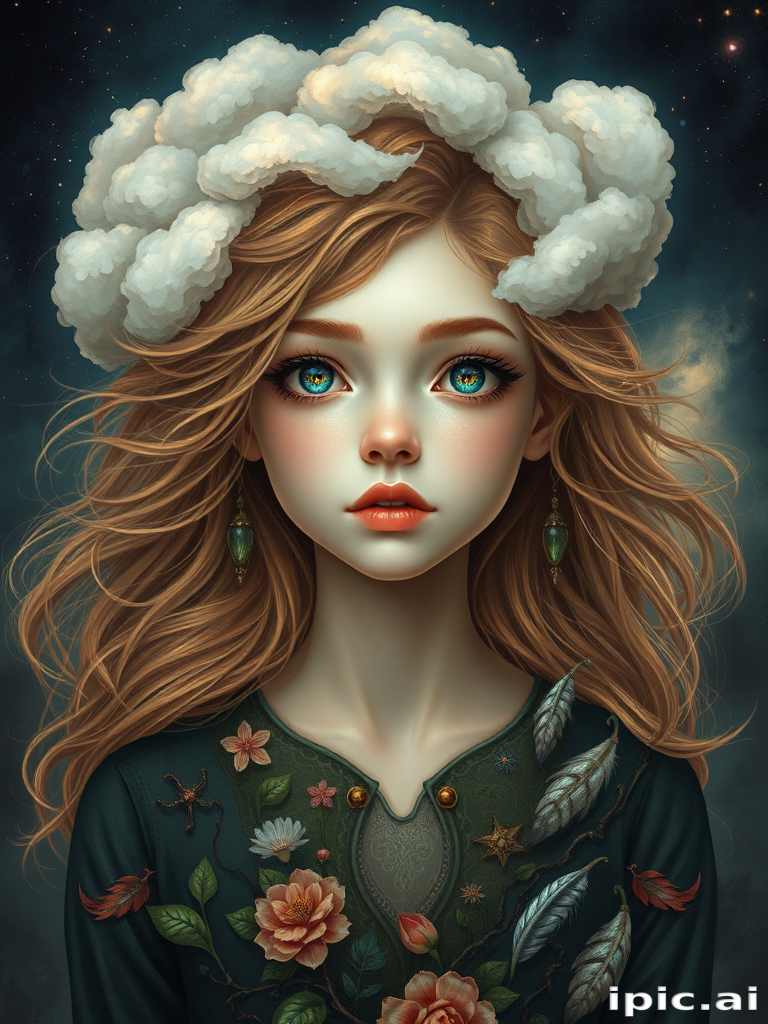Create a series of imaginative portraits where each subject is infused with elements of fantasy and nature. The hair of the individuals should flow like clouds, varying from soft, fluffy cumulus to wispy cirrus strands, with hints of color reflecting a sunset or a clear blue sky. The eyes should be windows to entire galaxies, with stars, nebulae, and distant planets visible within them. Clothing should be adorned with nature motifs, such as floral patterns that bloom and change, vines that seem to grow and wrap around, or feathers that shimmer with iridescence. Each portrait should capture a unique personality, blending human features with the ethereal beauty of the natural and cosmic world. The backgrounds can vary, from starry night skies to enchanted forests, adding depth and context to the magical realism of the portraits