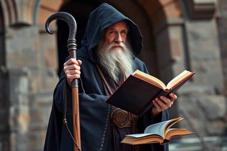Generate a high-quality image of an elderly wizard in a flowing dark cloak holding a staff and an open book, with a focused composition, shot from a low angle using a DSLR camera, 50mm lens, f/2.8 aperture, ISO 100, natural lighting, and enhanced color saturation.