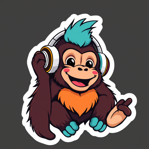 this picture is sticker, Happy Colorful Orangutan wearing Headphones, kawaii, contour, vector, black background