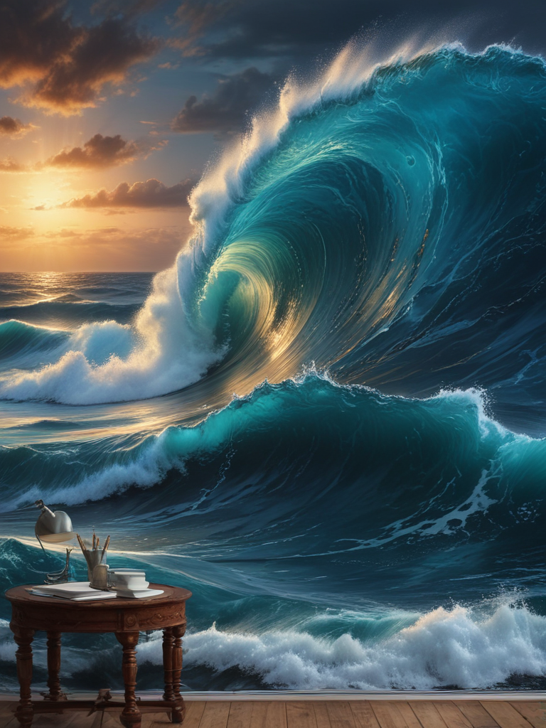 Majestic Ocean Waves Crashing Under a Vibrant Sunset Sky