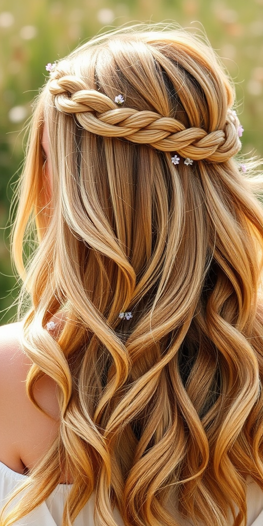 Sun-kissed honey blonde braided crown transitioning into loose bohemian waves adorned with tiny wildflowers, capturing free-spirited charm named Meadow Whisper