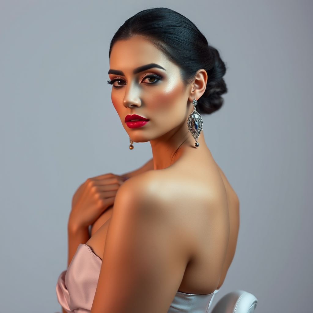 Studio portrait, female model, elegant couture dress, bold makeup, dramatic lighting, Utilize a 50mm portrait lens for crisp details and a soft background blur, 8k