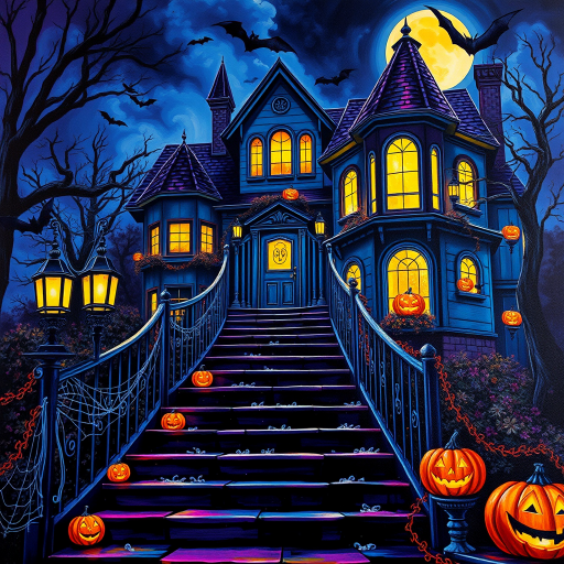 airbrushed oil painting, halloween theme, a haunted house, stairs, highly decorated, illuminated, lanterns, jack o'lantern, bats, webcobs