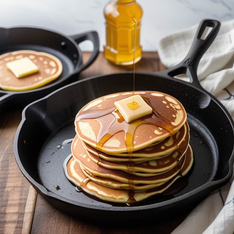 pancakes in a cast iron skillet