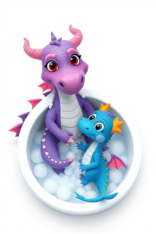 Create a colorful cartoon scene featuring a purple dragon with a pearl necklace giving a bath to a blue dragon in a bubble-filled tub, set against a simple white background, with a soft focus effect, using a DSLR camera, 50mm lens, f/2.8 aperture, ISO 200, and an overhead top-down view for a whimsical perspective.
