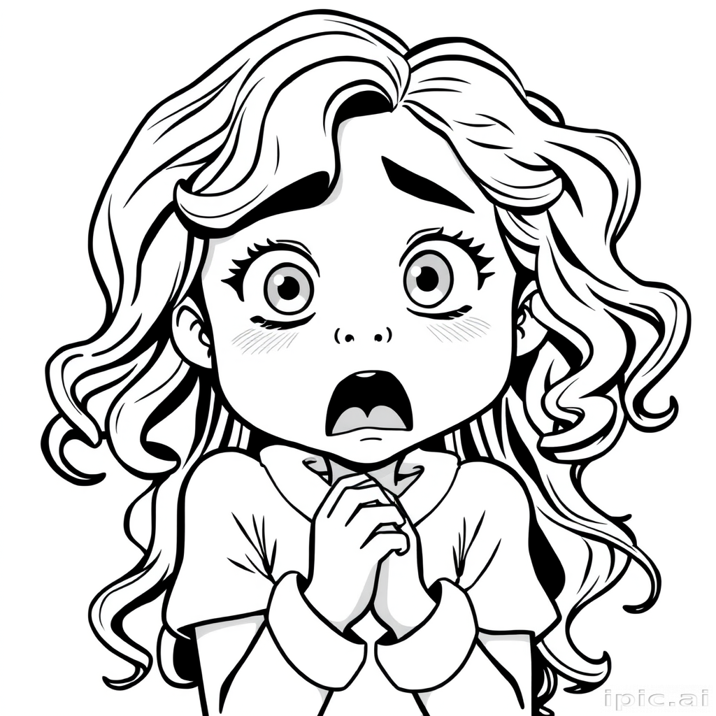 The image is a black and white illustration of a young girl with curly hair. She has a surprised expression on her face with her mouth open and her hands clasped together in front of her chest. Her eyes are wide and her eyebrows are furrowed. Her hair is styled in loose curls that are cascading down her back. The overall mood of the image is one of shock or surprise.