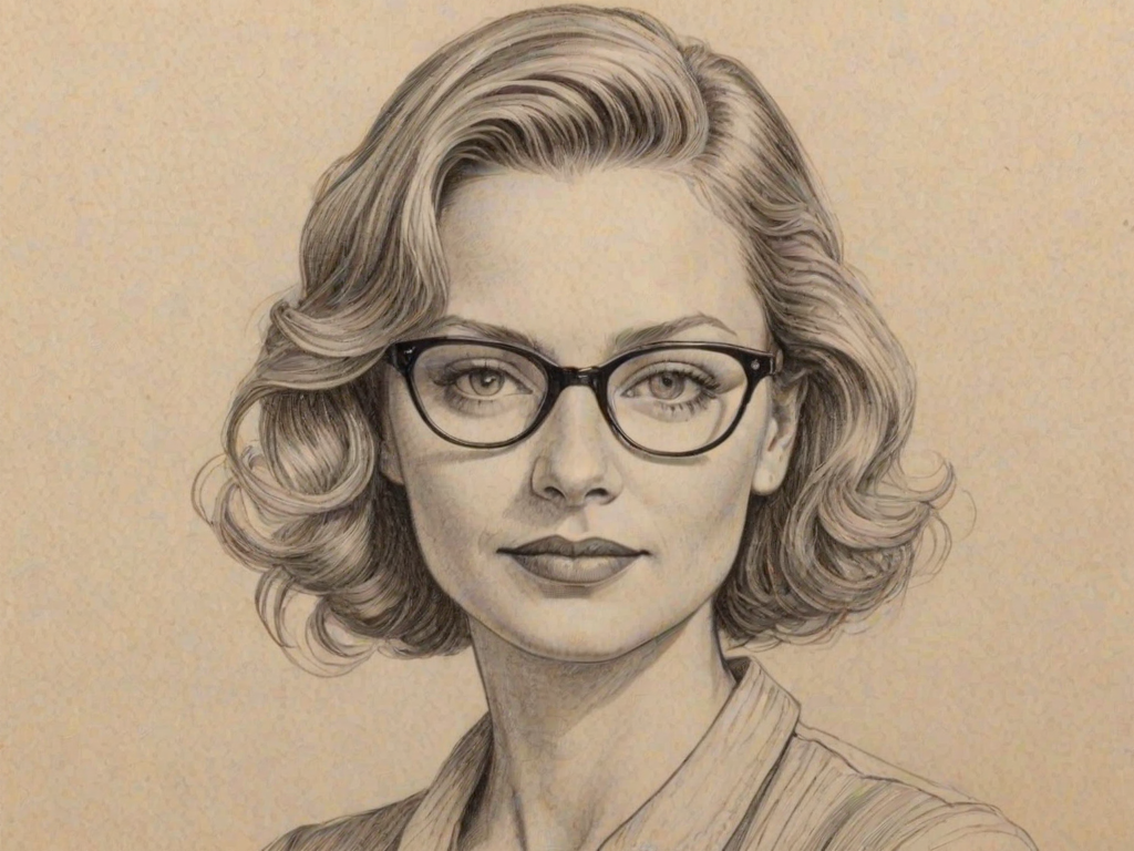 Superb Amanda Detmer, pencil sketch, portrait of Enchanting woman 1938s in glasses, hair style beatnik, outline, clear lines, fine lines, 8k
