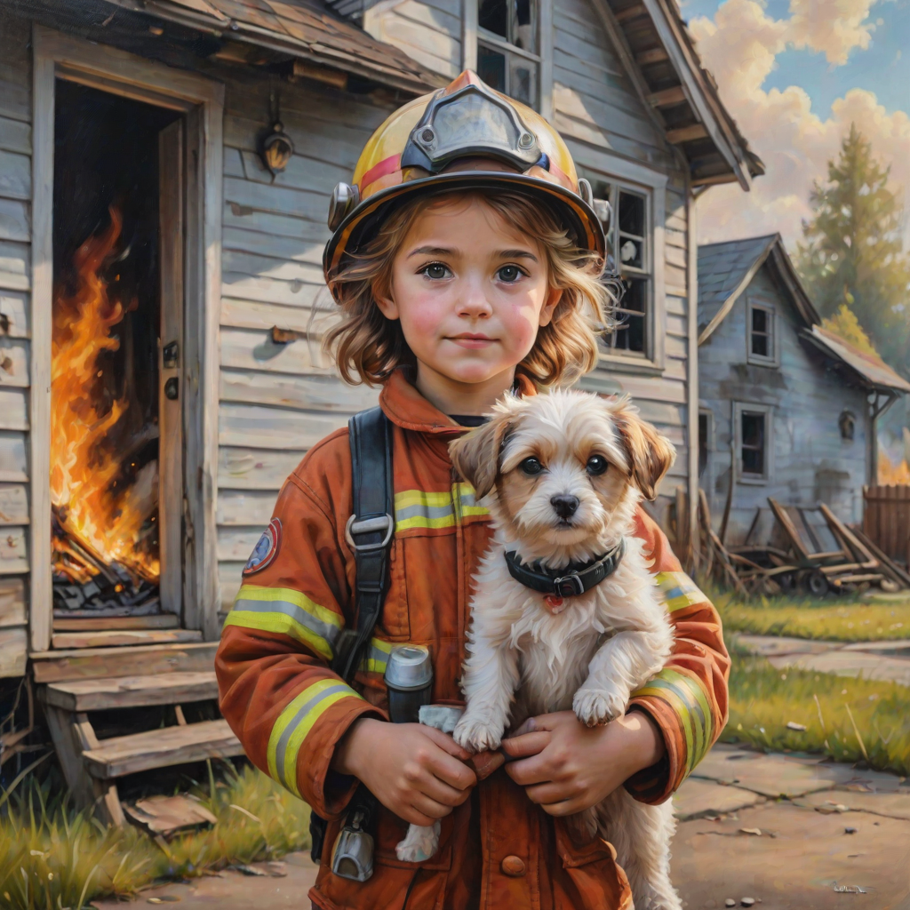 airbrushed oil painting, pixar style, cute little girl in fireman gear, helmet, tousled hair, expressive eyes, standing in the doorstep of a cottage burning behind him, holding a cute little dog in her arm, atumn sky