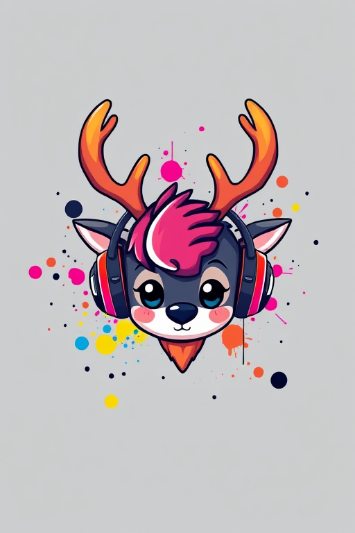 Create an illustration of a colorful cartoonish character with antlers wearing headphones, set against a gradient gray background with splashes of blue, pink, yellow, and black; use a digital art style with high resolution, camera view from above, ISO 200, aperture f/2.8, shutter speed 1/125 sec.