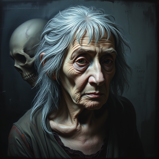 Final exit party. Dark Moody impasto dark picture edges. old woman. grey untidy hair streaked with white and pastel muted colours. include whole head and neck and shoulders. death lurks in the background.