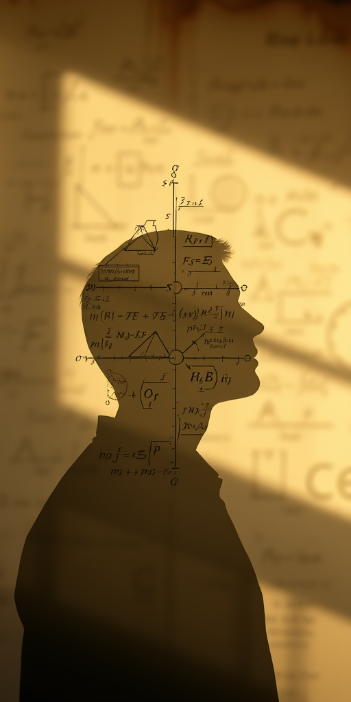 Create a high-resolution digital image of a human silhouette overlaid with mathematical formulas and diagrams, using a soft focus effect, shot with a Canon EOS R5 at f/4.0, ISO 100, 50mm lens, in natural light with a vintage paper texture background.