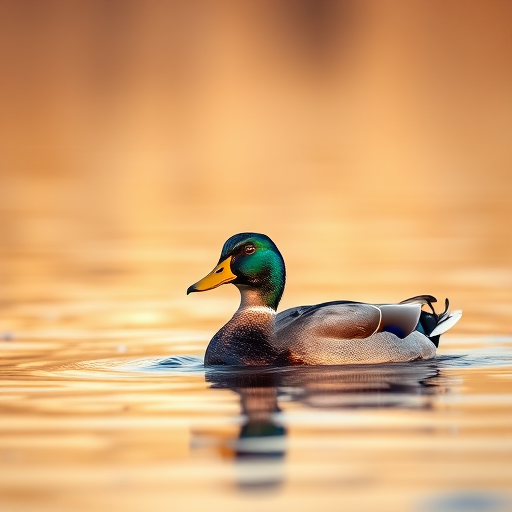 A close-up shot of a mallard duck swimming on a serene golden-hued lake, shot with a DSLR camera at 85mm, f/4, ISO 200, 1/250s, using shallow depth of field for a blurred background and vibrant colors.