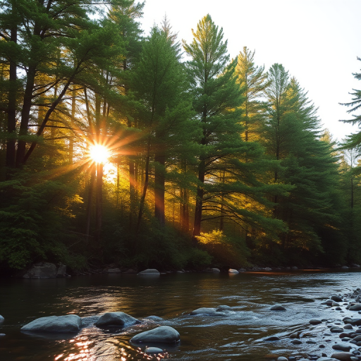 Create an image of a serene, sunlit forest scene with a clear, gently flowing river. Tall trees with lush green foliage line both sides of the river, their leaves bathed in the warm golden light of the setting or rising sun. The sunlight filters through the trees, casting soft, dappled light on the river, which flows over smooth rocks and pebbles, creating a peaceful, natural atmosphere. The sky is bright with a few scattered clouds, and the overall mood is tranquil, evoking a deep sense of connection with nature. The image captures the beauty of a calm, pristine forest landscape at either dawn or dusk.