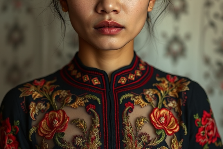 Face, shoulders, chest covered in openwork Vietnamese embroidery. Raw, unedited image.