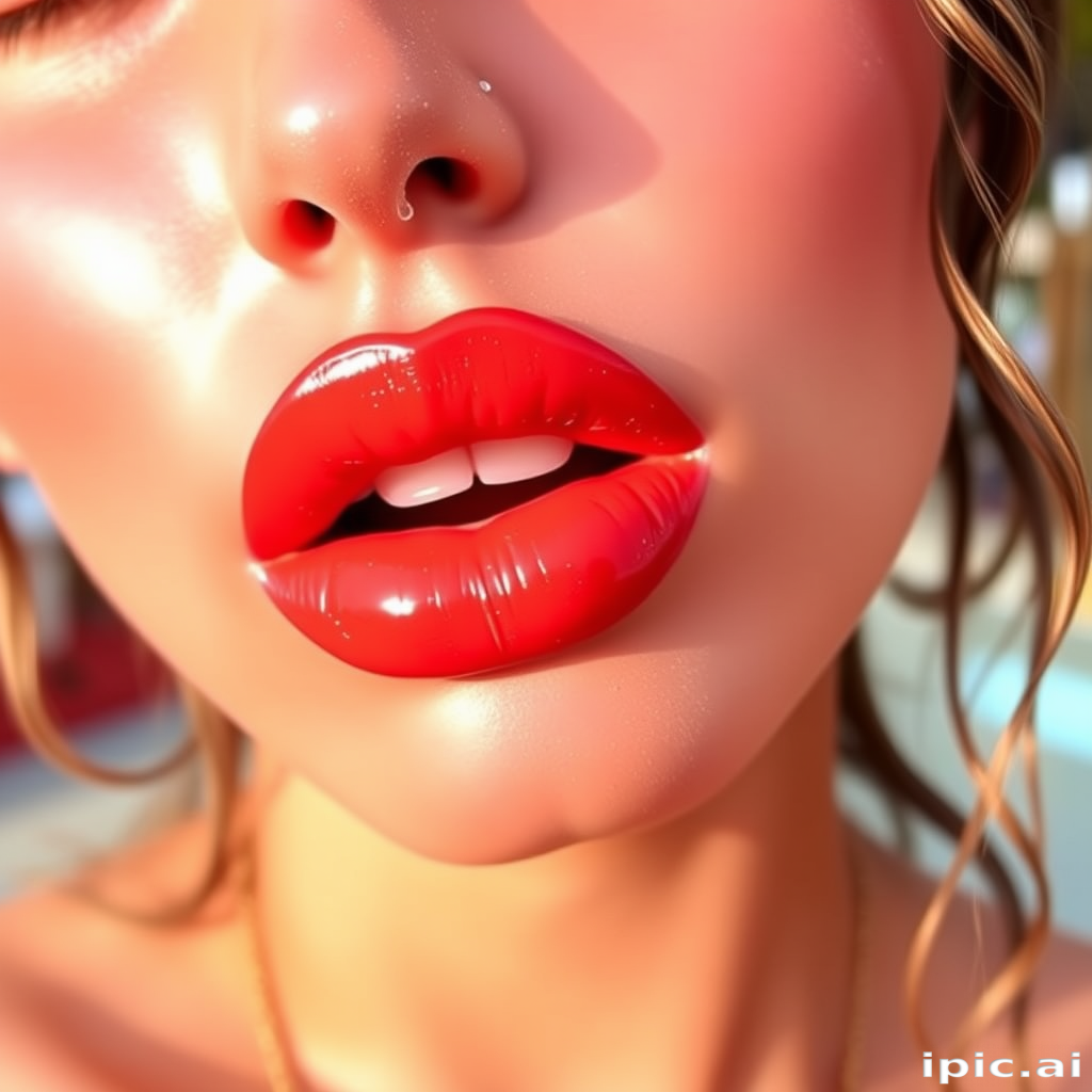 Vibrant "Coral Sunset" lip color adorns full, pouty lips with a glossy finish, reflecting warm hues of orange and pink, perfect for summer evenings and beachside cocktails