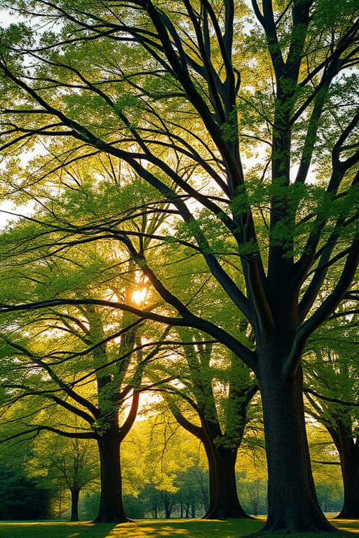 capture a serene landscape featuring majestic trees with lush green leaves, golden sunlight filtering through the branches, sharp focus with a wide aperture of f/2.8 for a dreamy depth of field, ISO 100 for clarity and minimal grain, shot from a low angle to emphasize the tree trunks, using a DSLR camera with a 24mm lens at sunrise for warm lighting