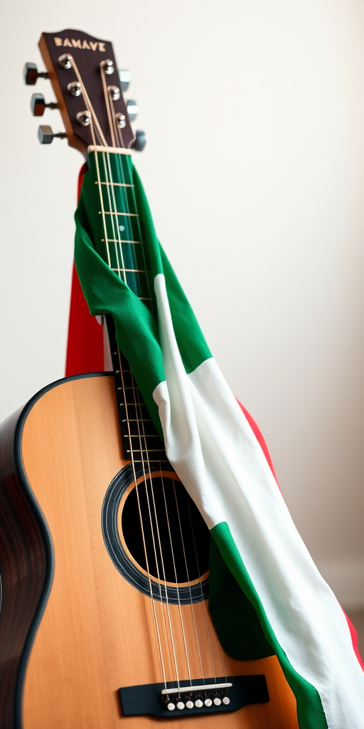 create an image of a wooden guitar with an Italian flag draped over it, soft focus background, use a shallow depth of field, set ISO to 100, aperture at f/2.8, shutter speed 1/60 seconds, shot with a DSLR camera from a slightly upper angle