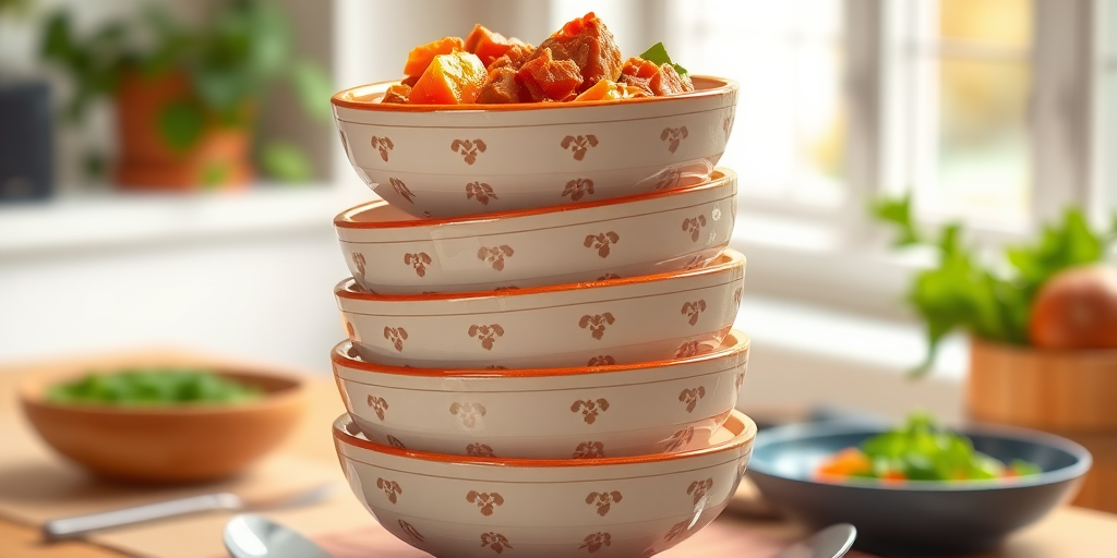 Create a high-resolution digital illustration of four stacked bowls filled with a rich, creamy stew featuring chunks of meat and vegetables, using a DSLR camera with a 50mm lens, aperture set to f/2.8, ISO 100, natural lighting from a window, and a shallow depth of field for a soft background blur.